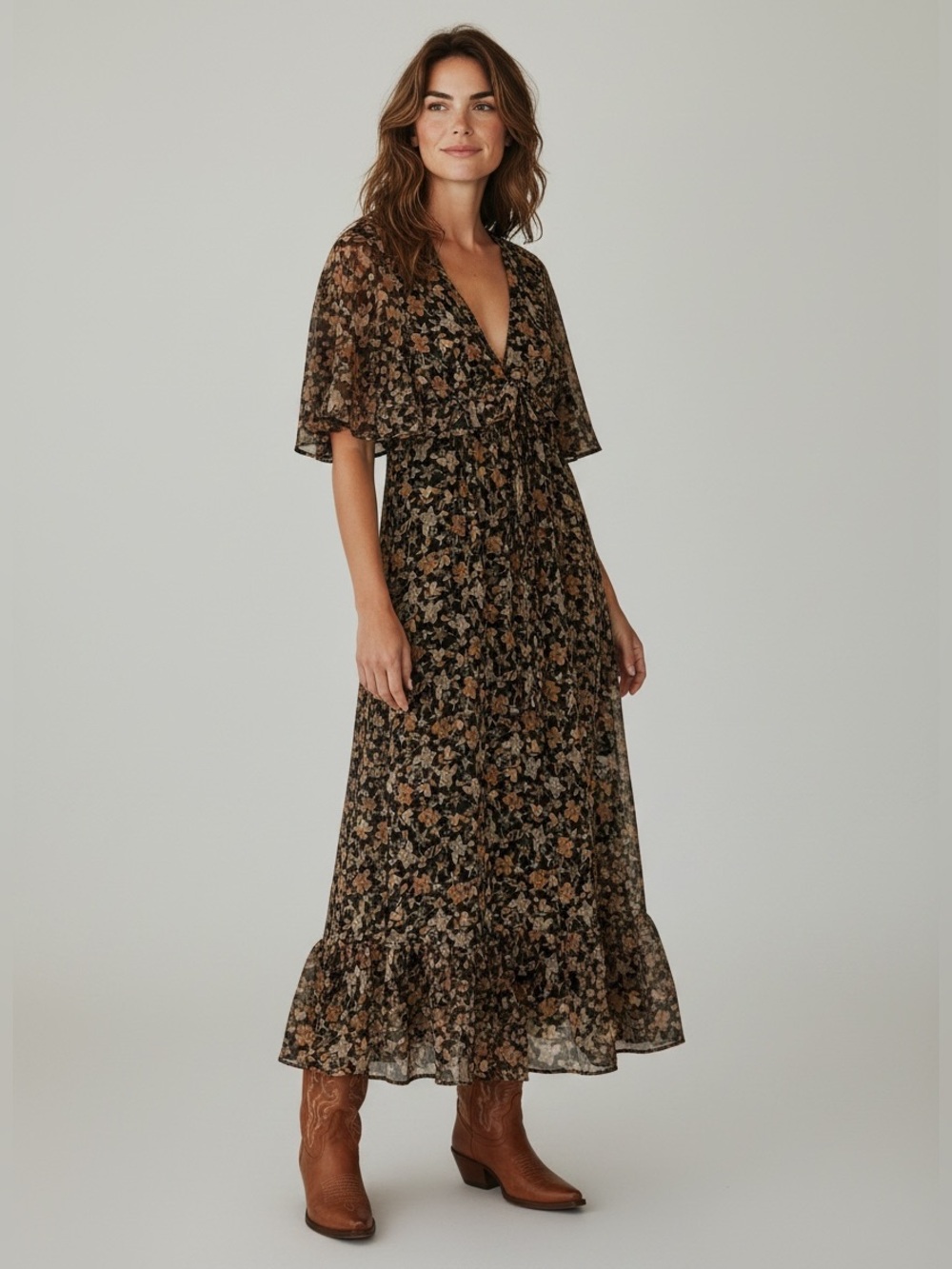 Pull&Bear Black Floral V-Neck Maxi Dress with Brown Accents